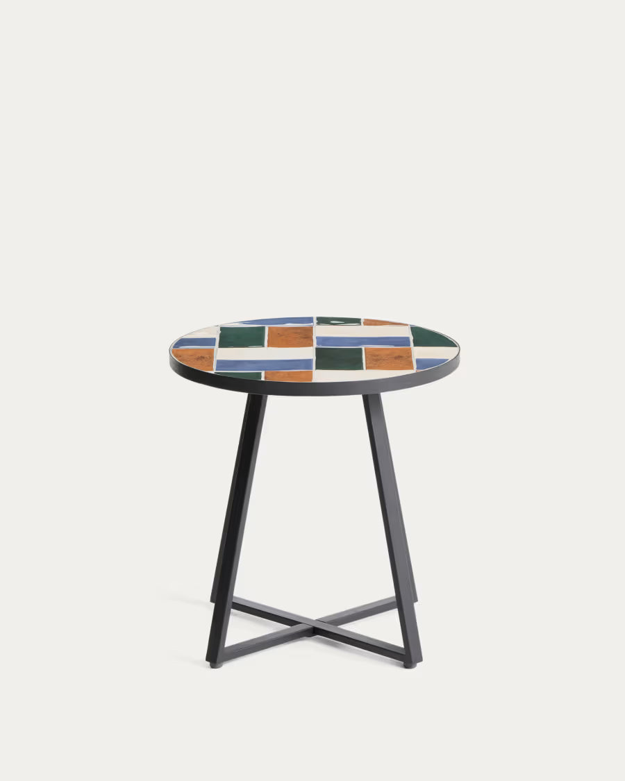 Kave Home Tella Round Side Table in Graphite Galvanised Steel with Multicoloured Tiles Ø45 cm