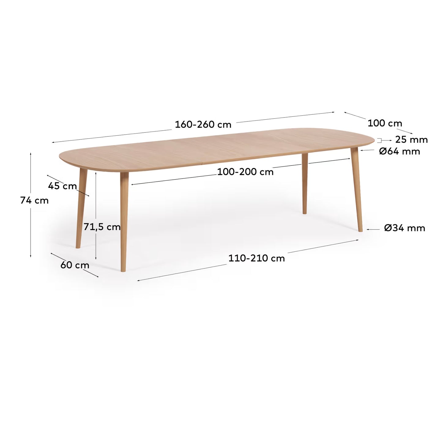 Kave Home Oqui Extendable Oak Veneer Table with Solid Wood Legs 160 (260) x 100 cm
