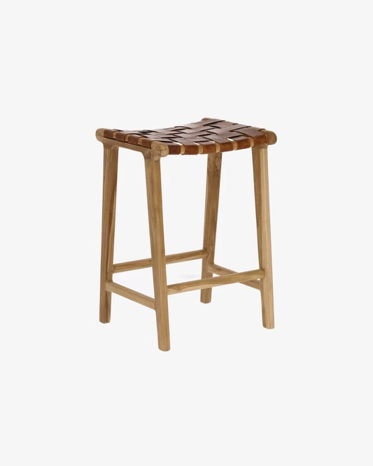 Kave Home Calixta 67 cm High Stool - Teak & Hand-braided Leather - Unstable