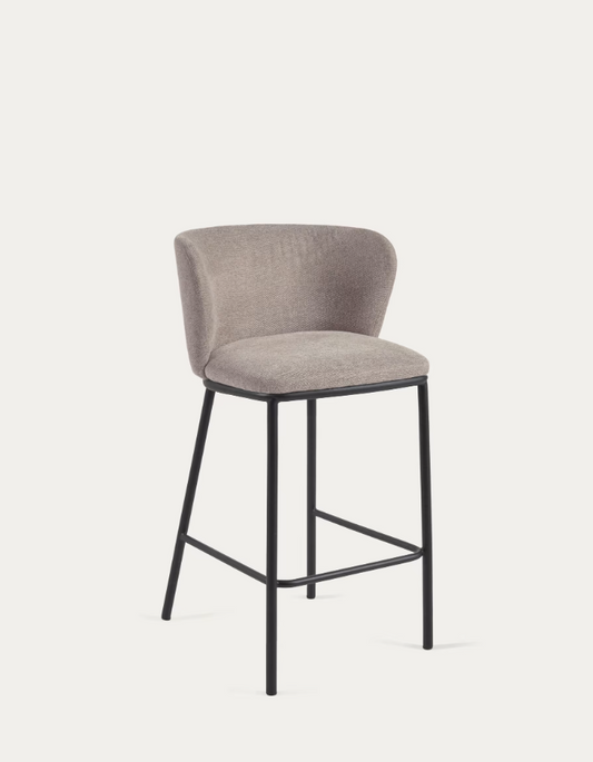 Kave Home Ciselia stool in brown chenille with steel legs in black finish, 65 cm