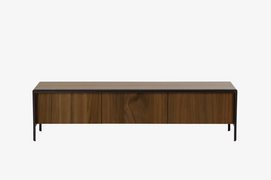 Kave Home Nadyria walnut wood veneer 3 door TV stand with black finish steel, 18