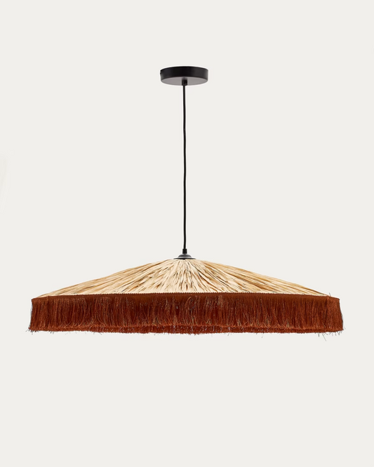 Kave Home Pollensa ceiling lamp in natural raffia and terracotta fringes