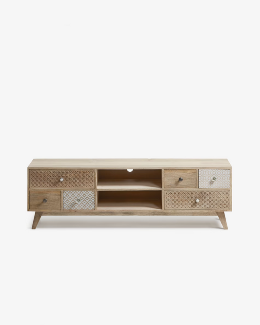 Kave Home Hoob solid mango wood TV stand with 6 drawers, 160 x 51 cm