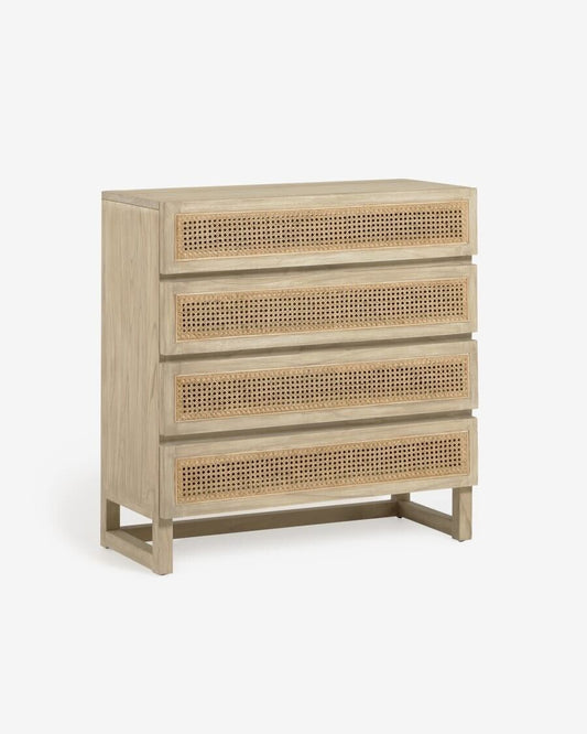 Kave Home Rexit solid wood and veneer chest of 4 drawers with rattan 90 x 93 cm