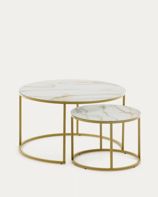 Kave Home Set of 2 Leonor glass side tables in white and golden steel structure