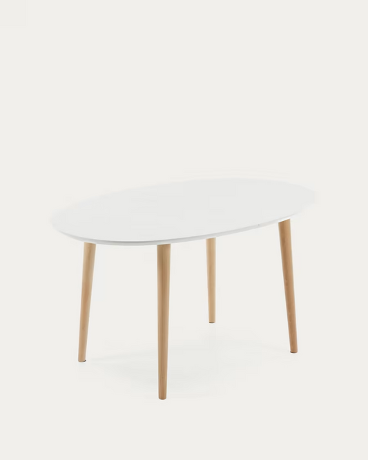 Kave Home Oqui oval extendable MDF table with white lacquer and solid beech legs